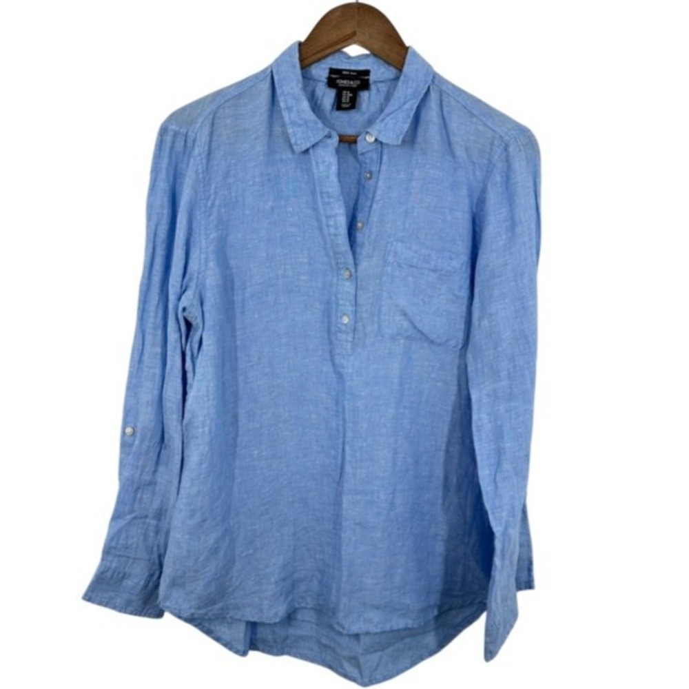 Jones & Co. Jones New York Light Blue 100% Linen Roll Tab Popover Shirt Blouse